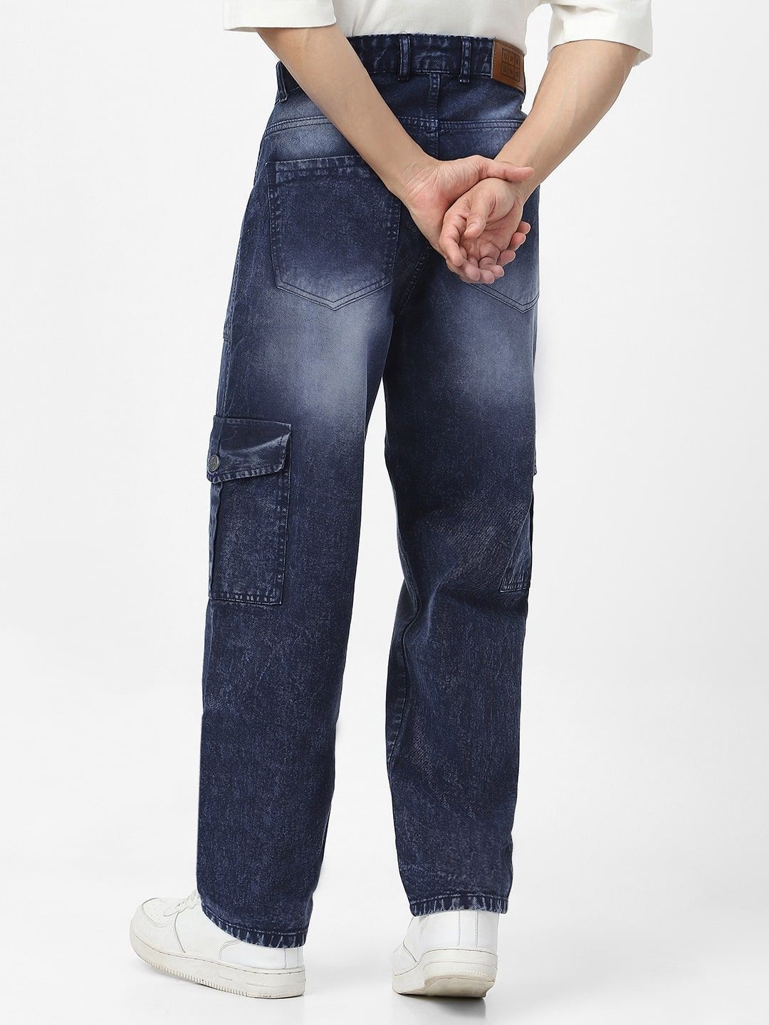 Urbano Fashion Men Navy Loose Fit Cargo Jeans With 6 Pockets Non-Stretchable