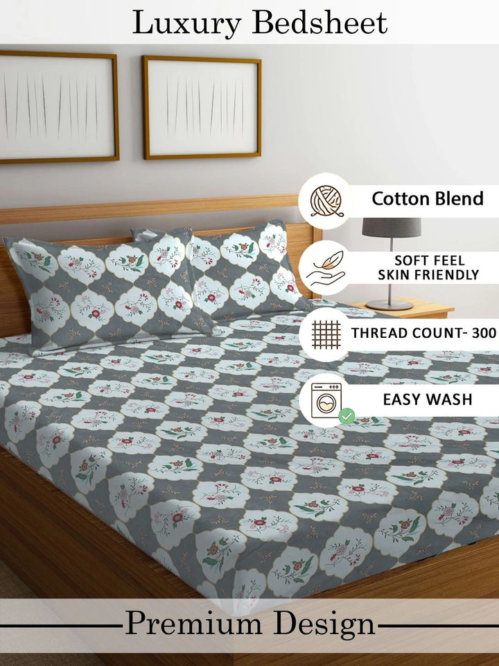 Myntra Elegant Homes Grey Floral 300 TC Super King Double Bedsheet dengan 2 Sarung Bantal