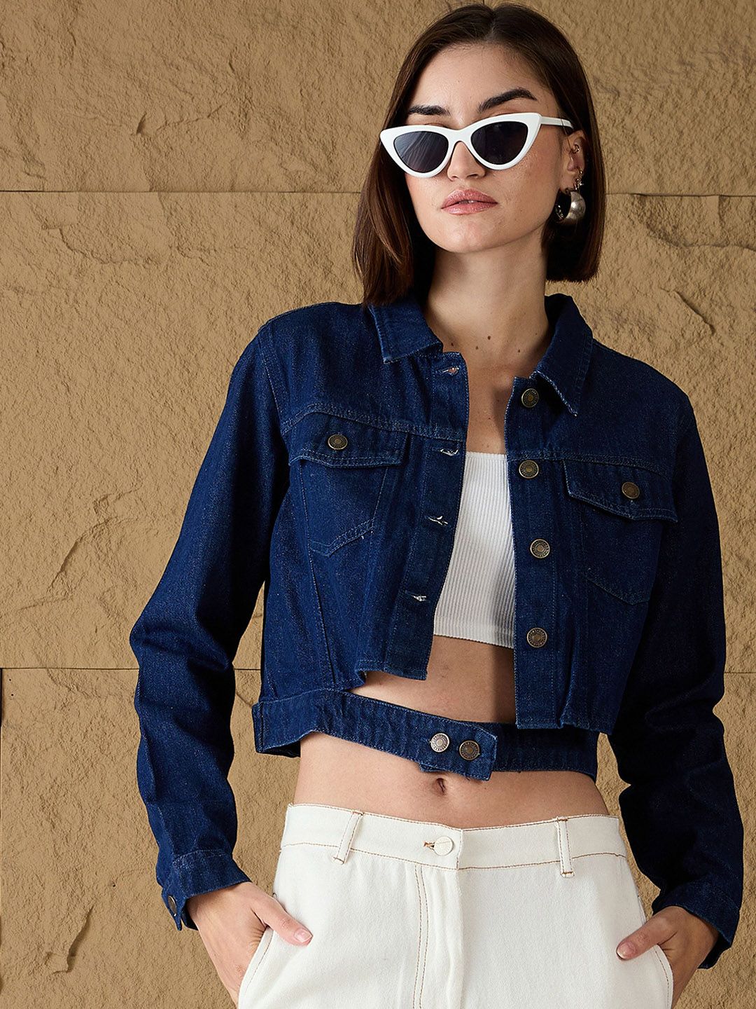 SASSAFRAS Women Crop Denim Jacket with Embroidered