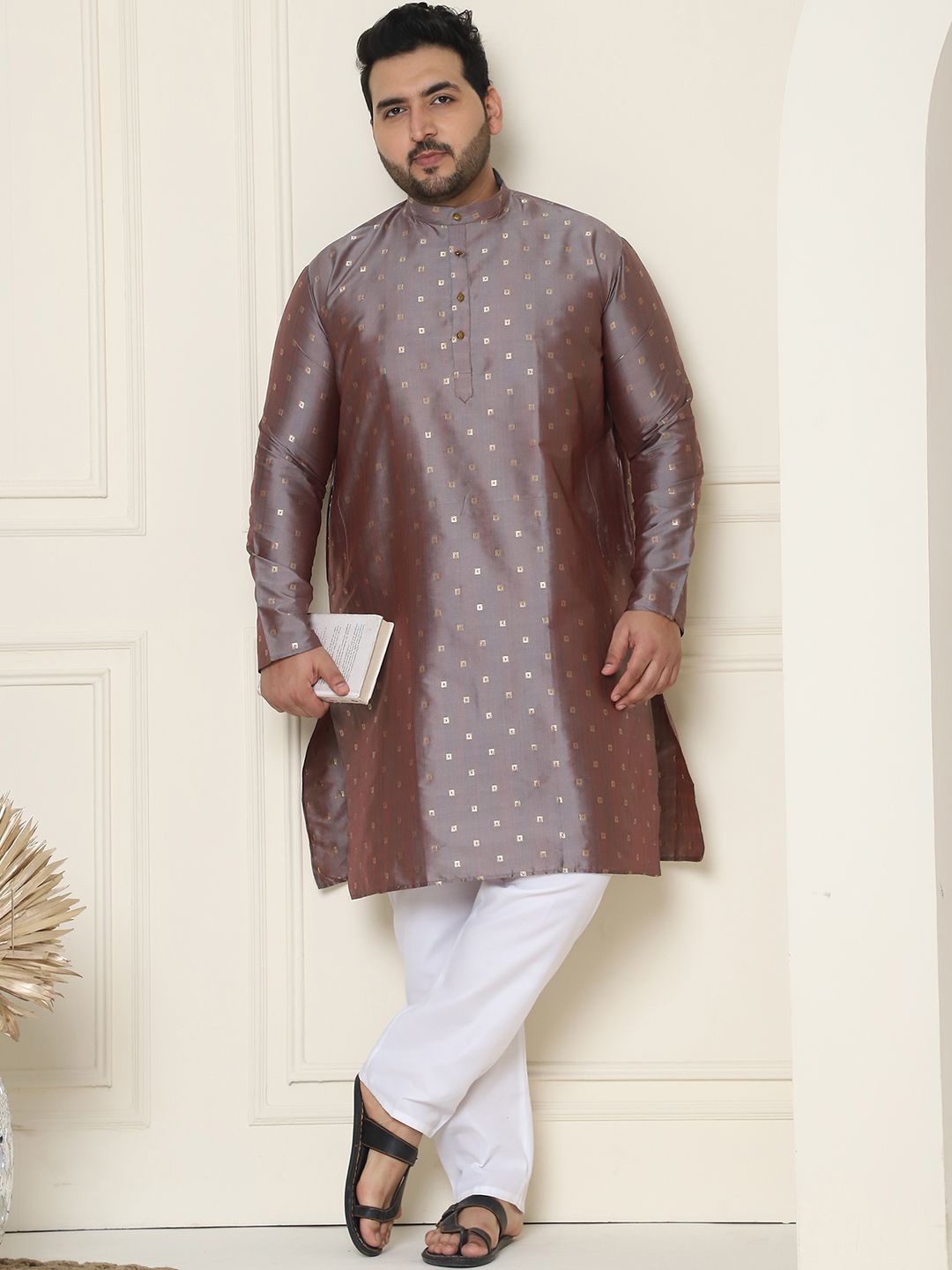 SOJANYA PLUS Ethnic Motifs Band Collar Straight Kurta With Pyjamas
