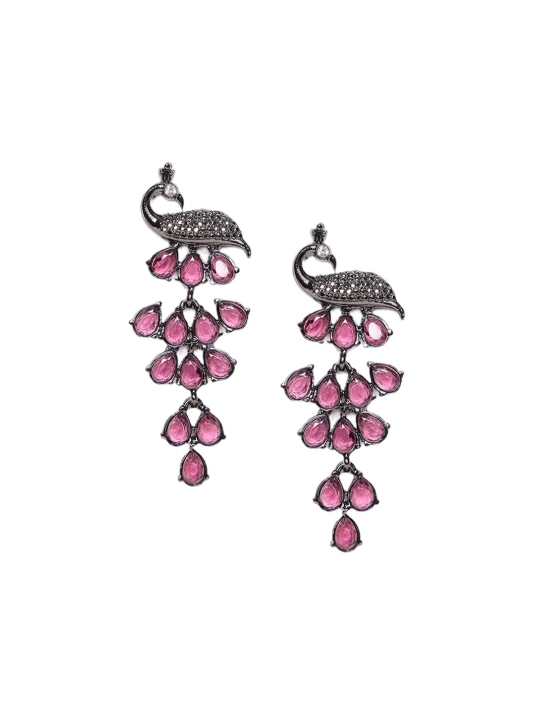 PANASH Silver-Plated Cubic Zirconia Studded Peacock Shaped Drop Earrings