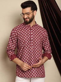 Anouk Maroon Etnik Motif Bercetak Cotton Linen Kurta Pendek