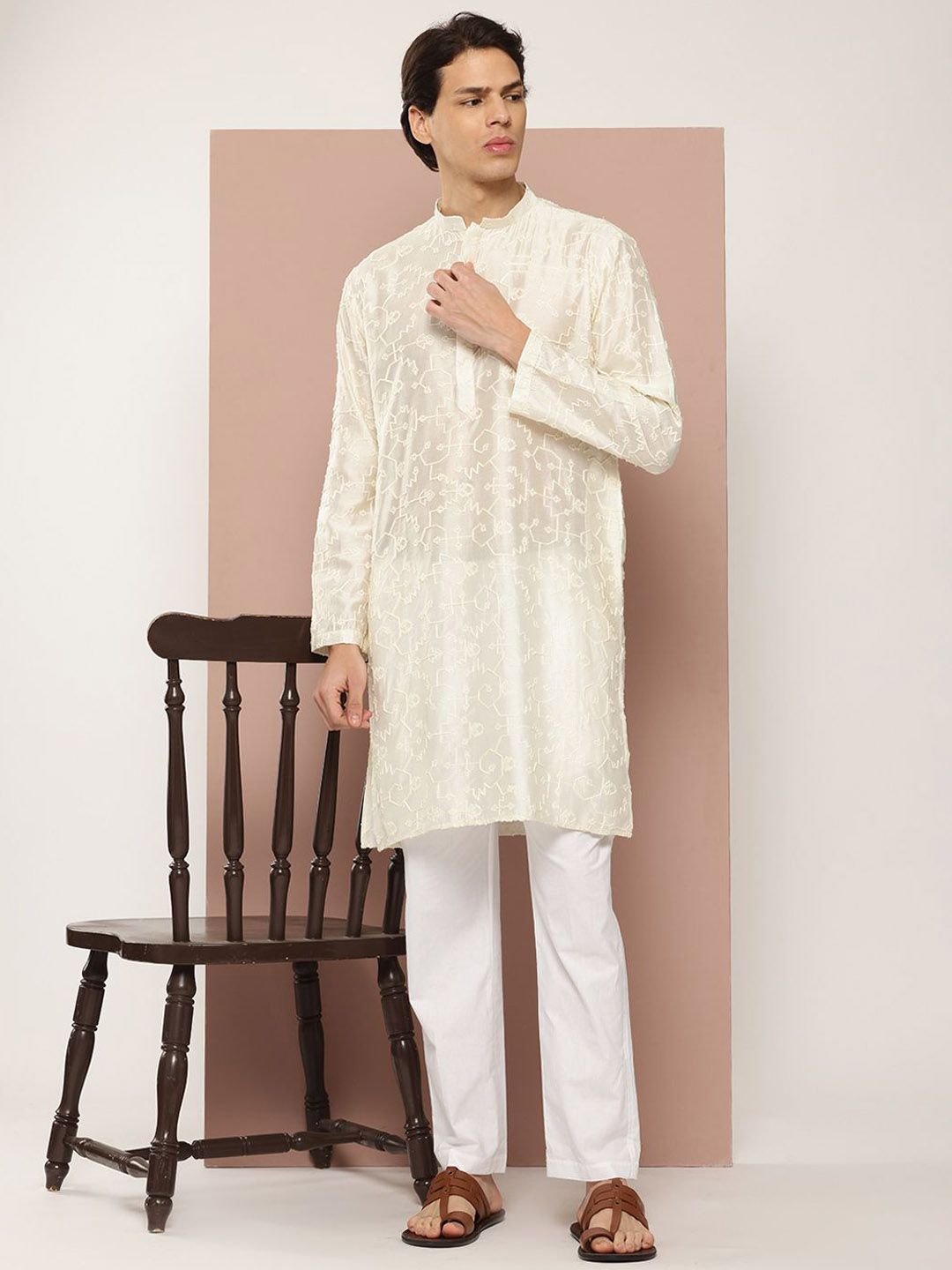 See Designs Woven Design Mandarin Collar Chanderi Silk Straight Kurta
