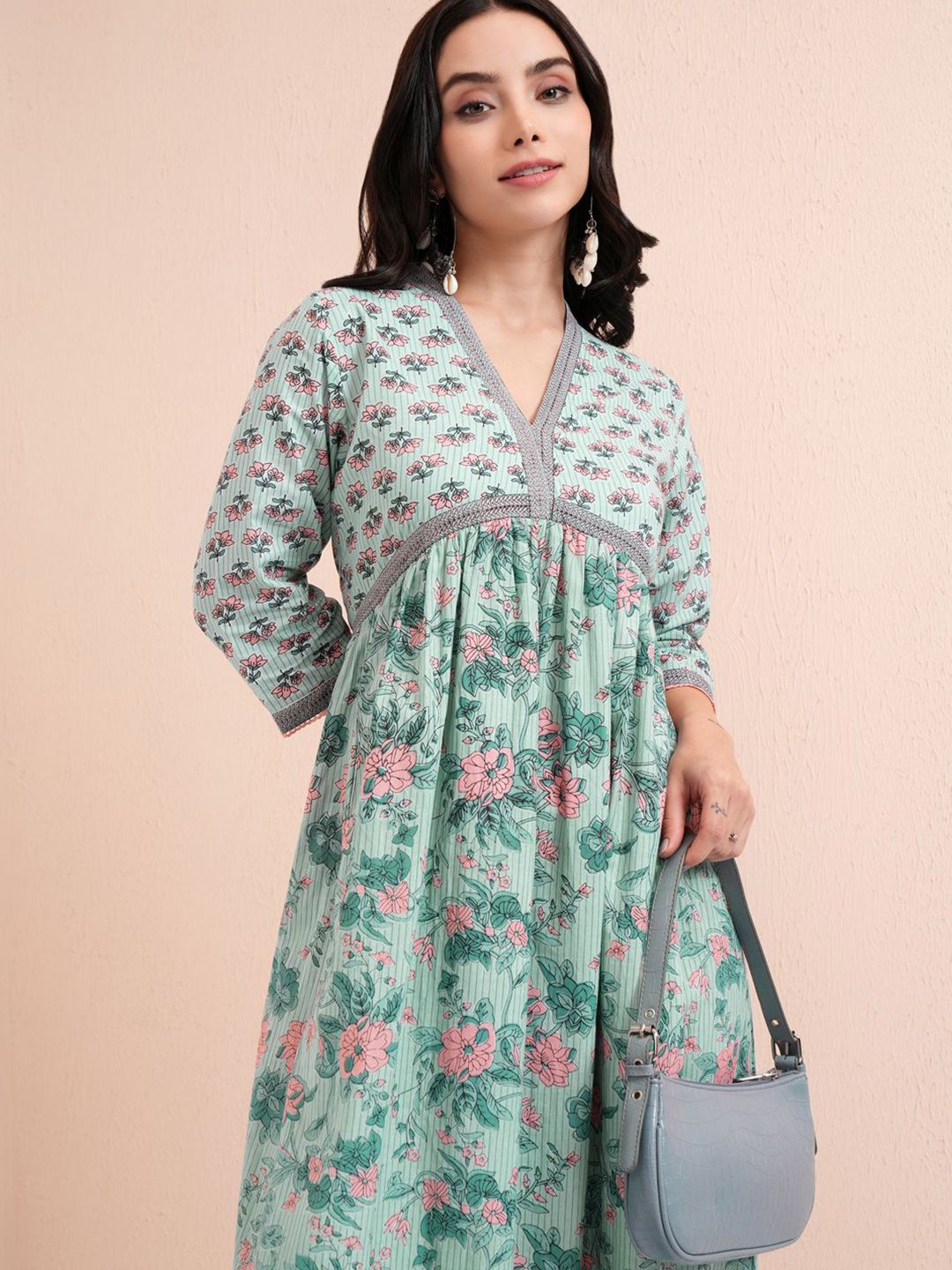 Vishudh Floral Printed A-Line Maxi Cotton Dress
