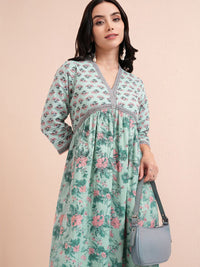 Vishudh Floral Printed A-Line Maxi Cotton Dress