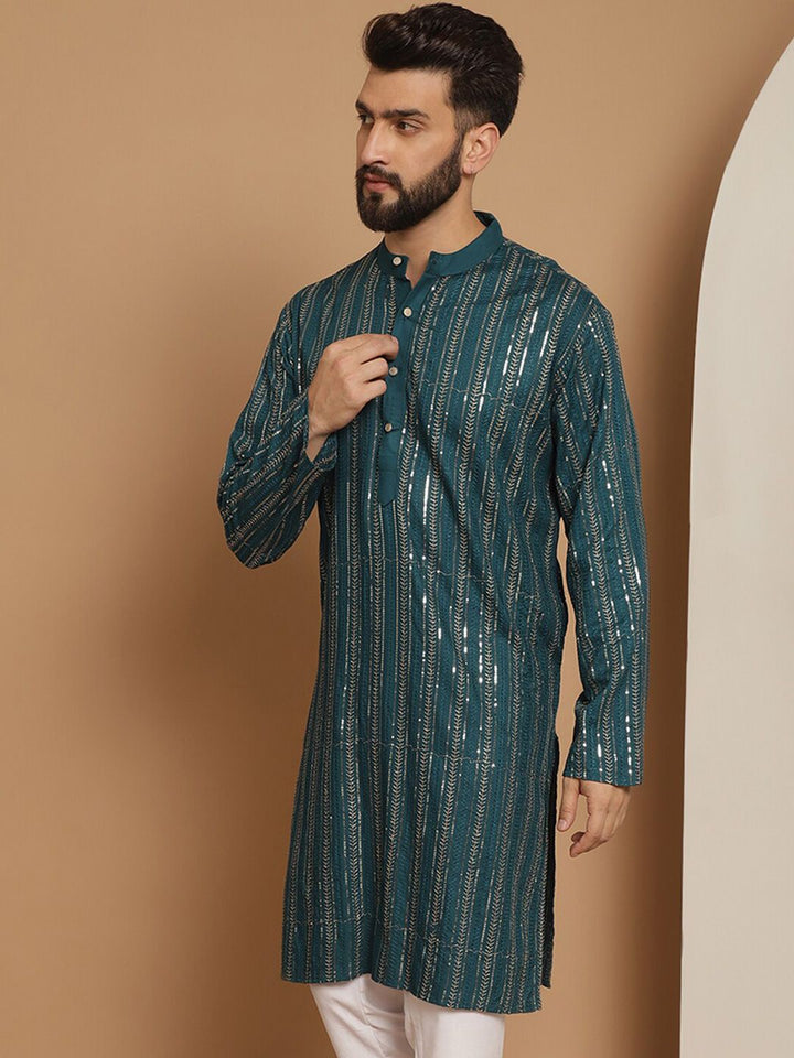 Anouk Teal Striped Band Collar Sequinned Detailed Cotton Straight Kurta