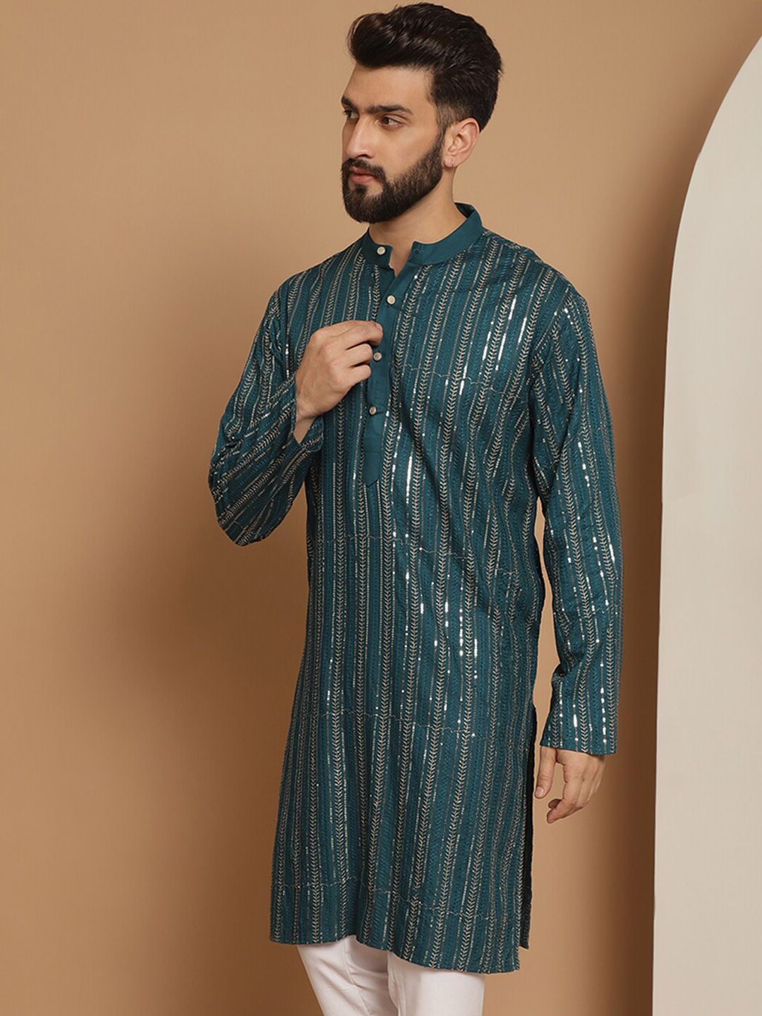 Anouk Teal Striped Band Collar Sequinned Detailed Cotton Straight Kurta