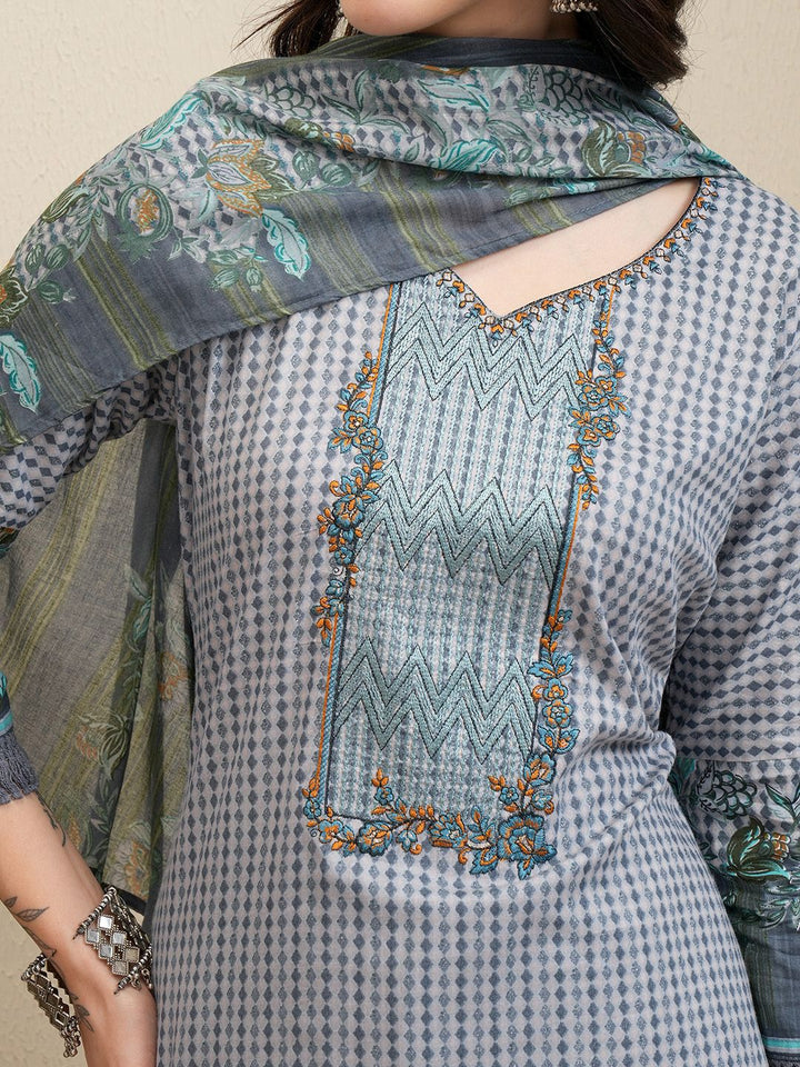 Vishudh Grey Geometric Printed Pure Cotton Straight Kurta With Trousers & Dupatta
