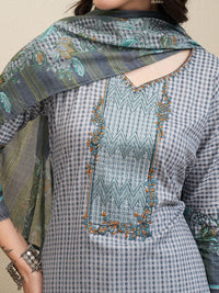Vishudh Grey Geometric Printed Pure Cotton Straight Kurta With Trousers & Dupatta