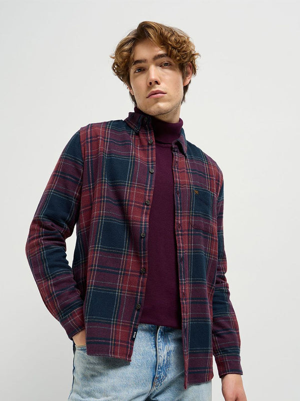 THE BEAR HOUSE Men Button-Down Collar Tartan Checked Cotton Casual Shirt