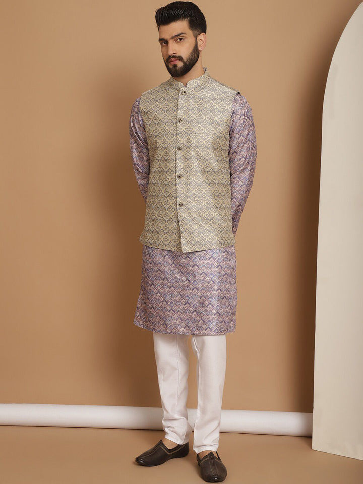 Anouk Ethnic Motifs Printed Straight Kurta with Churidar & Nehru Jacket