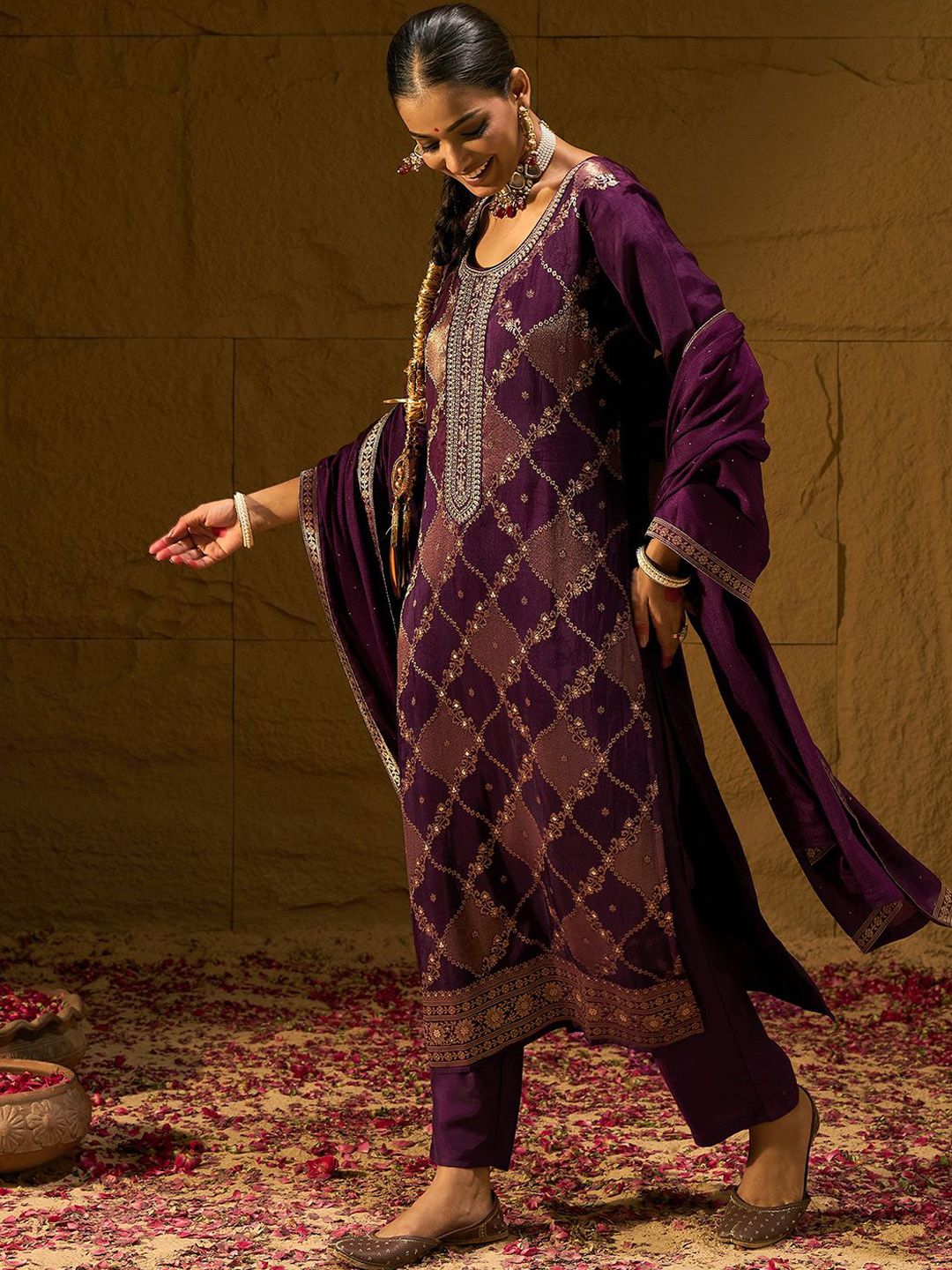Indo Era Geometric Embroidered Zari Jacquard Straight Kurta With Trousers & Dupatta