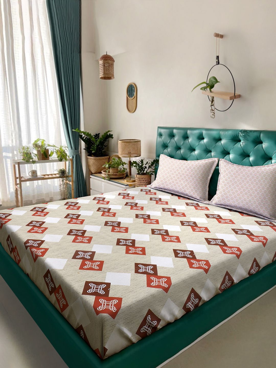 Myntra Elegant Homes Beige Geometric 400TC Kapas Dilengkapi Set Cadar King 2.50 m x 2.25 m