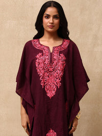 House of Chikankari Crafts Aari Embroidered Solid Women's Kaftan Set - Wine