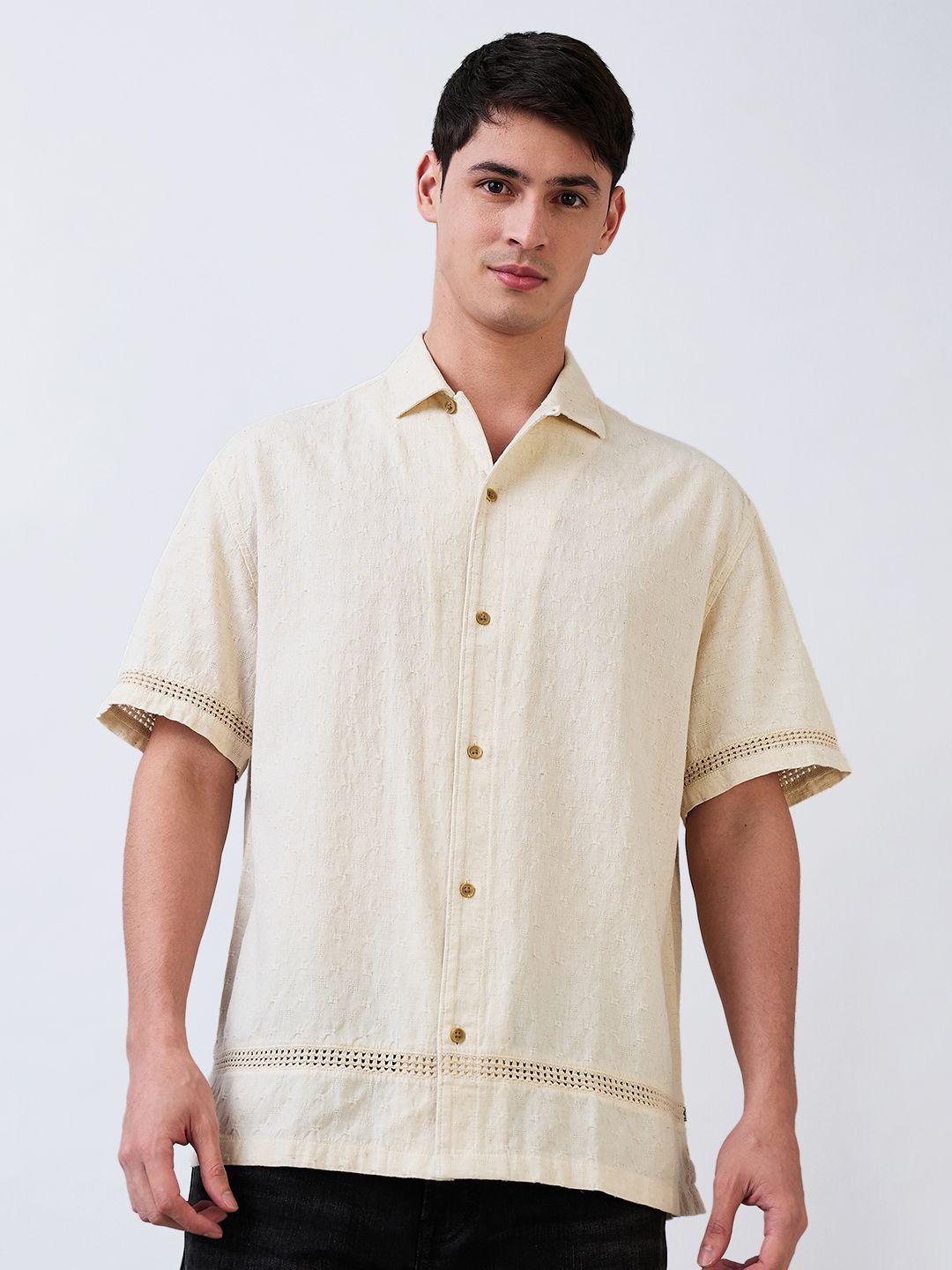 SPYKAR Men Relaxed Fit Cuban Collar Textured Cotton Casual Shirt