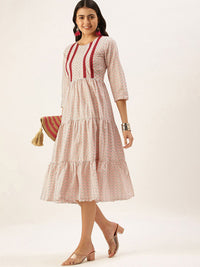 KALINI Chevron Printed Round Neck Midi Cotton Fit and Flare Dress