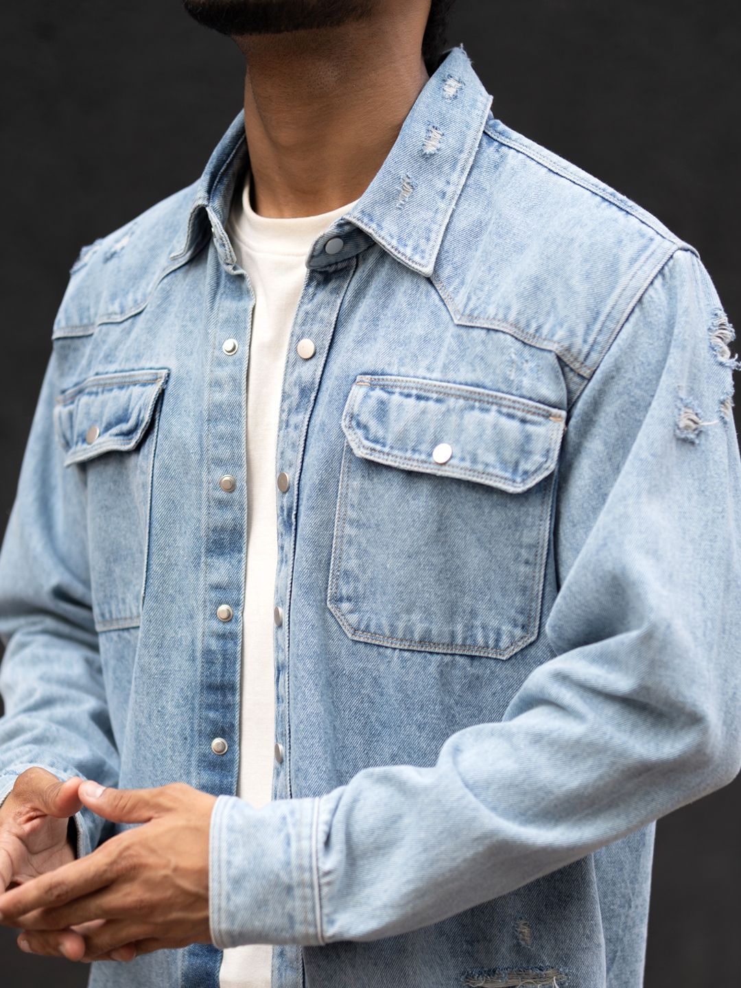 Powerlook Men Spread Collar Faded Cotton Casual Shirt