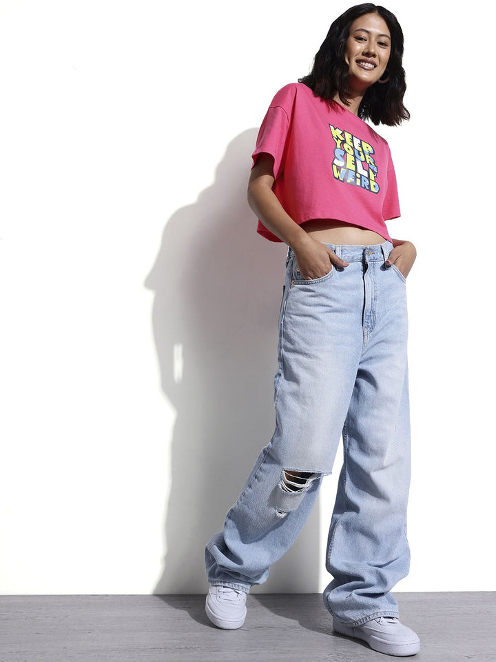 DressBerry Stay Sarcastic Drop-It Sleeves Crop Boxy T-shirt