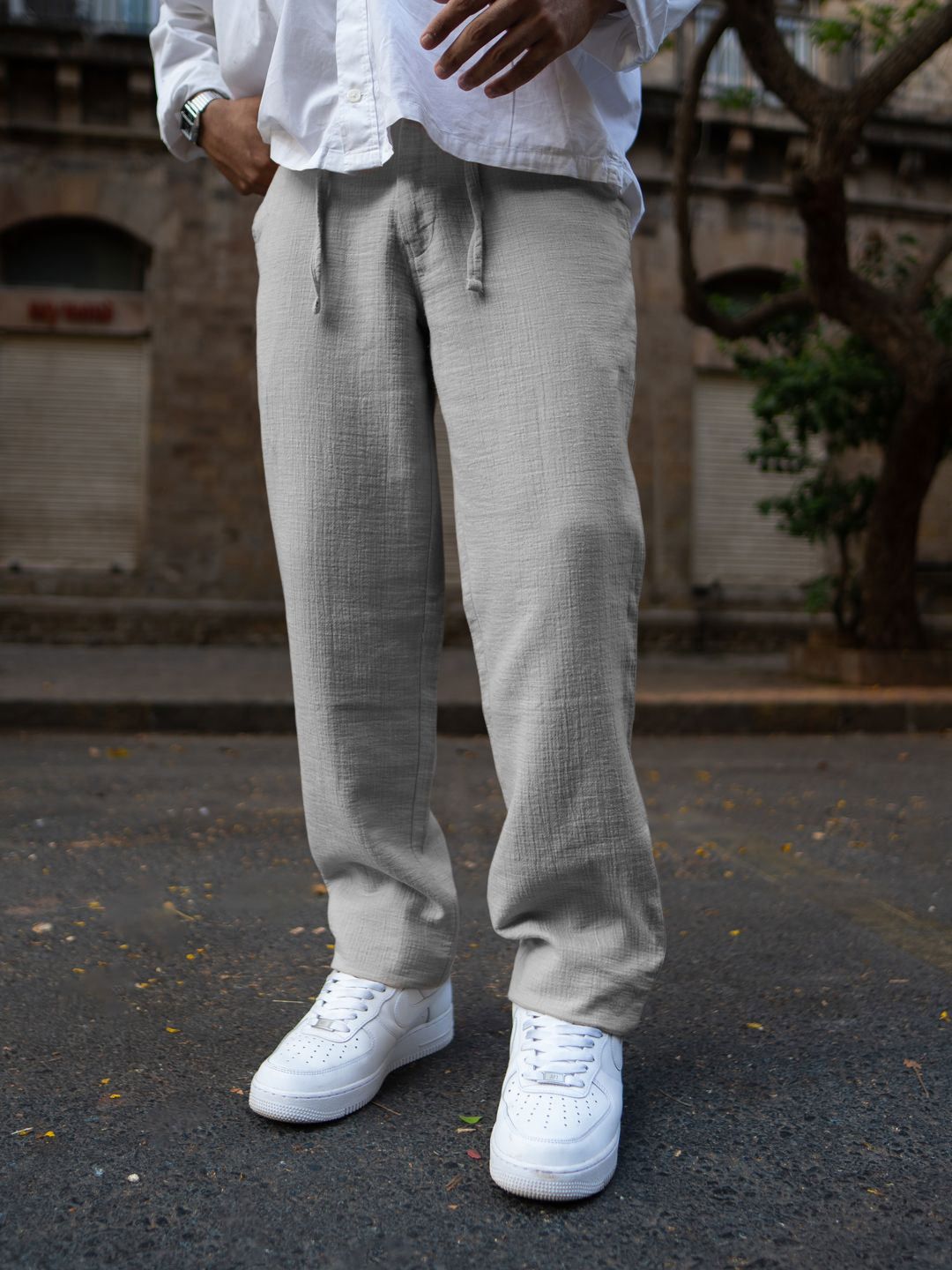 Powerlook Men Grey Regular Fit Crinkled Cotton Trousers