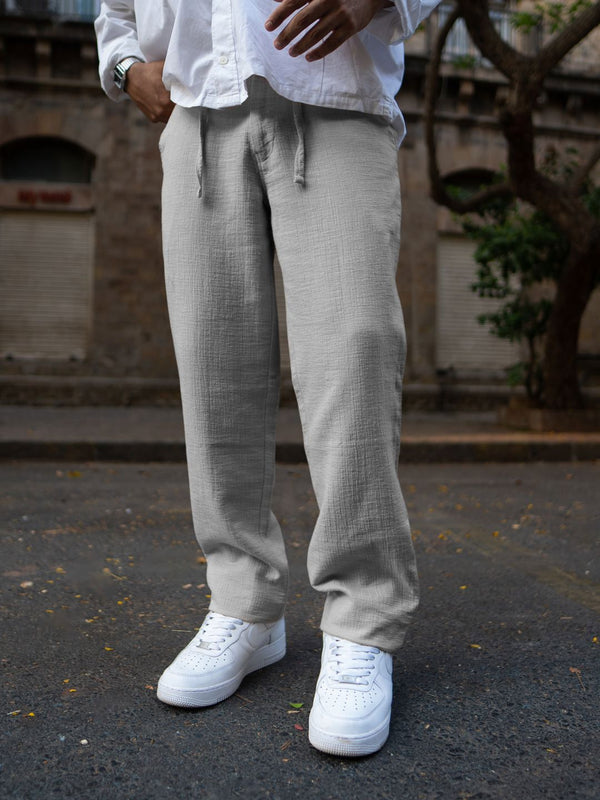 Powerlook Men Grey Regular Fit Crinkled Cotton Trousers