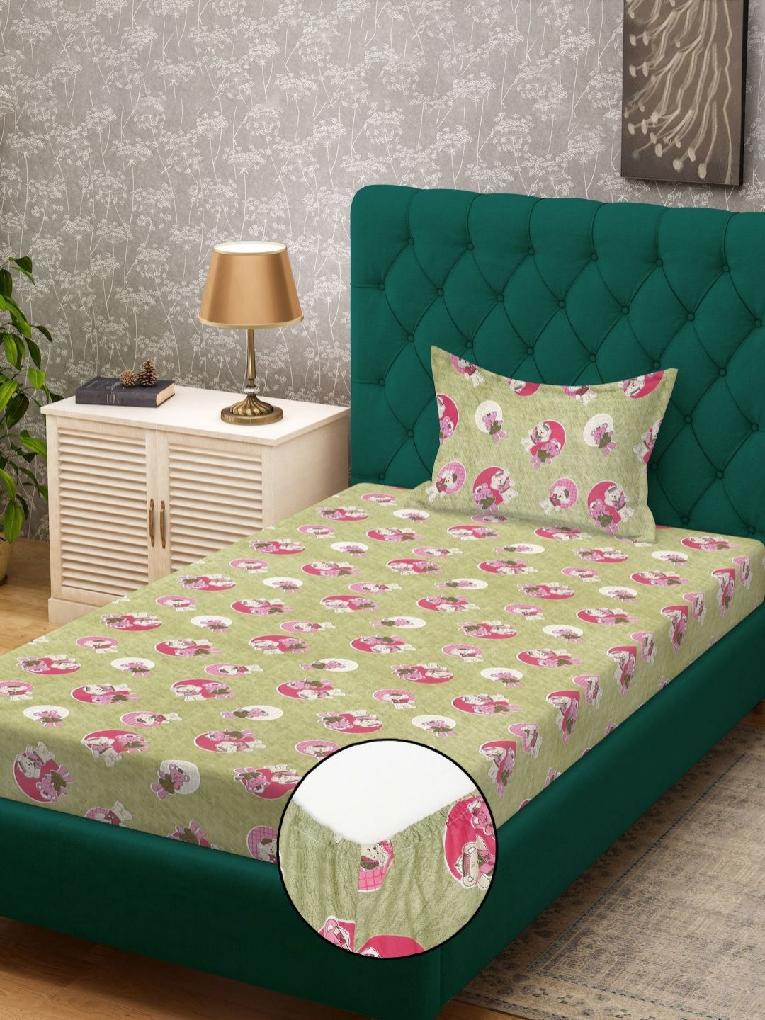 KLOTTHE Kids Green Printed 400TC Cotton Single Fitted Bedsheet Set 2.25m x 1.5m