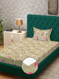 KLOTTHE Kids Green Printed 400TC Cotton Single Fitted Bedsheet Set 2.25m x 1.5m