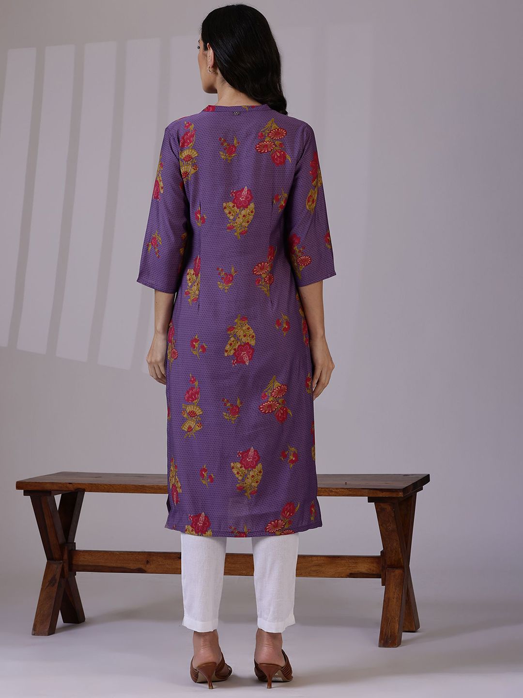 W Purple Floral Printed Mandarin Collar Three-Quarter Sleeves Straight Kurta