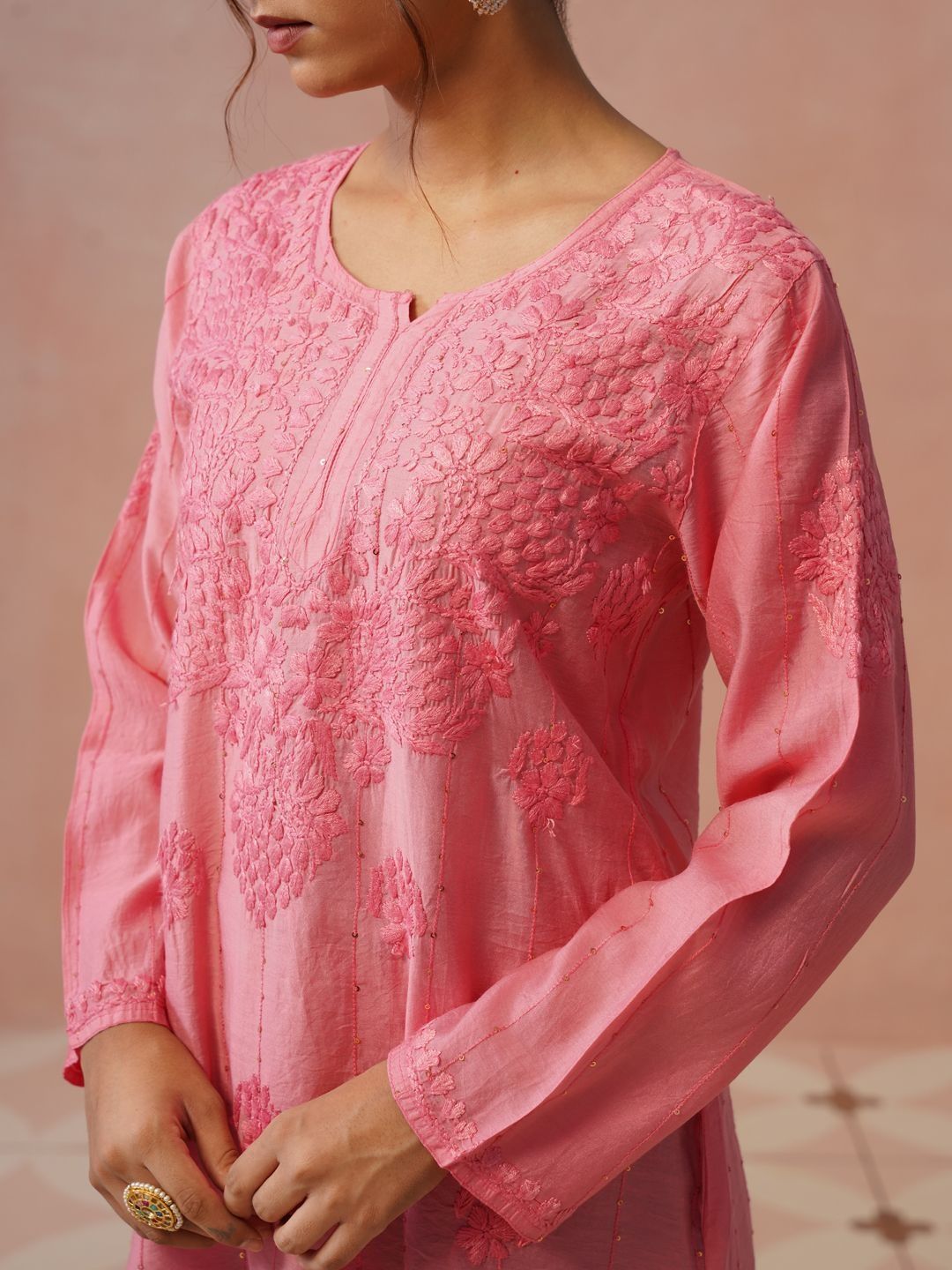 Rumah Wanita Chikankari Motif Etnik Sulaman Kurta Sutera Chanderi Chikankari