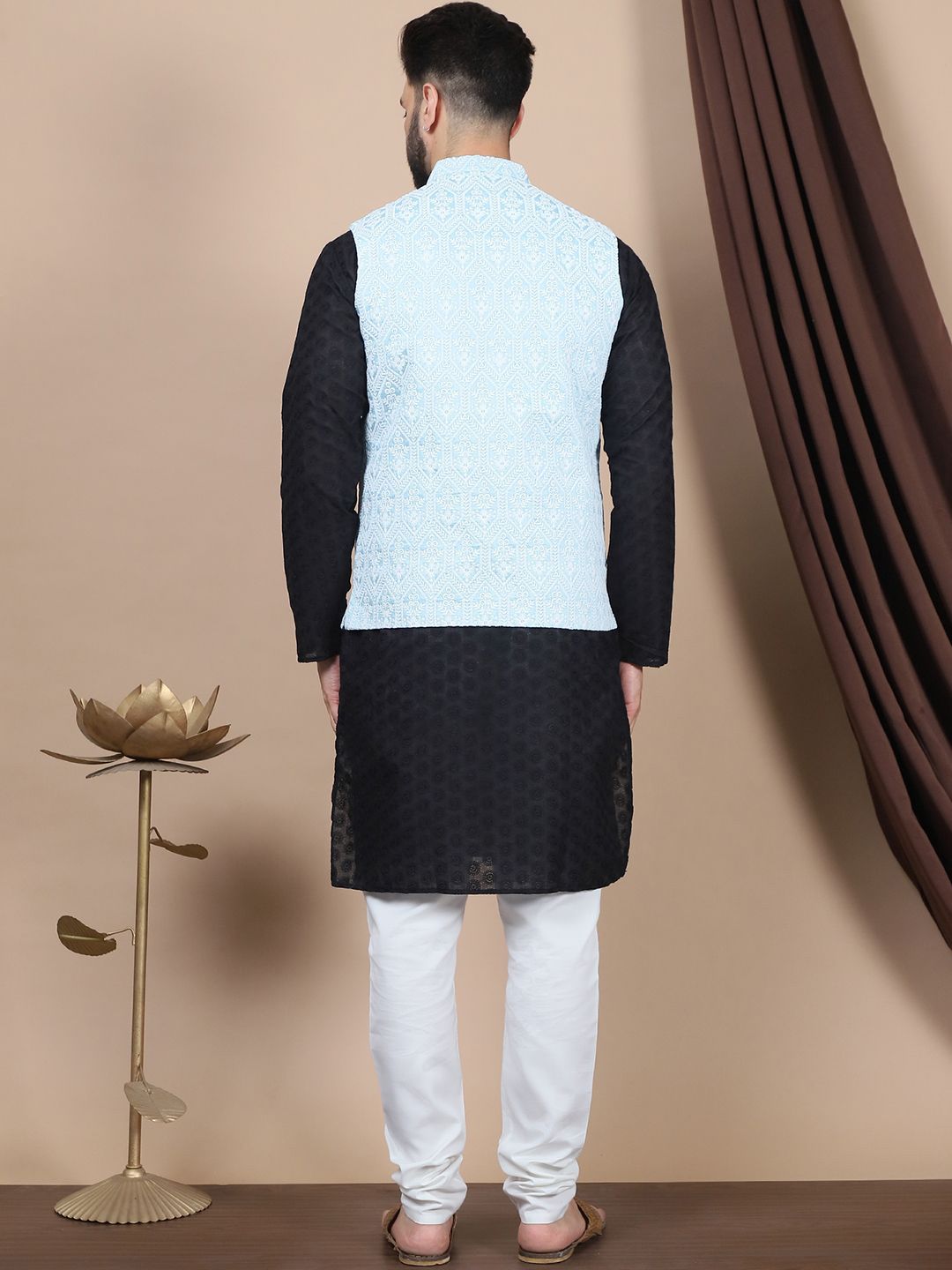 Anouk Black Geometric Woven Design Pure Cotton Straight Kurta & Churidar & Nehru Jacket