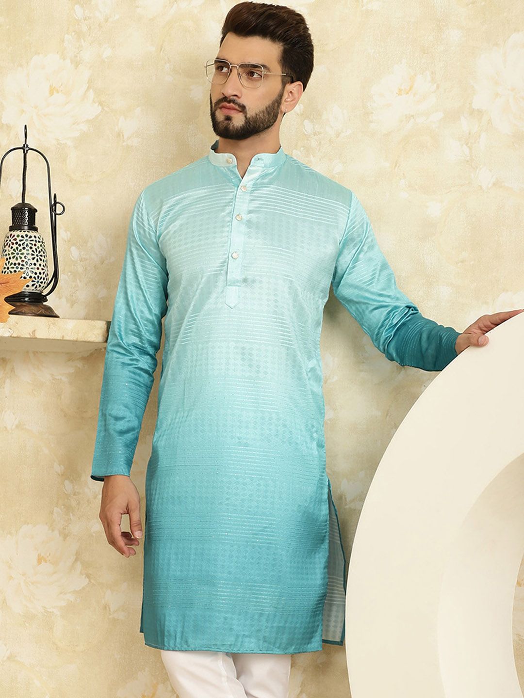 SOJANYA Mandarin Collar Silk Cotton Jacquard Kurta