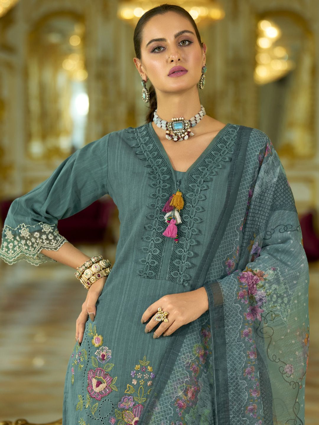Varanga Floral Embroidered V-Neck Thread Work Pure Cotton Kurta With Trousers And Dupatta
