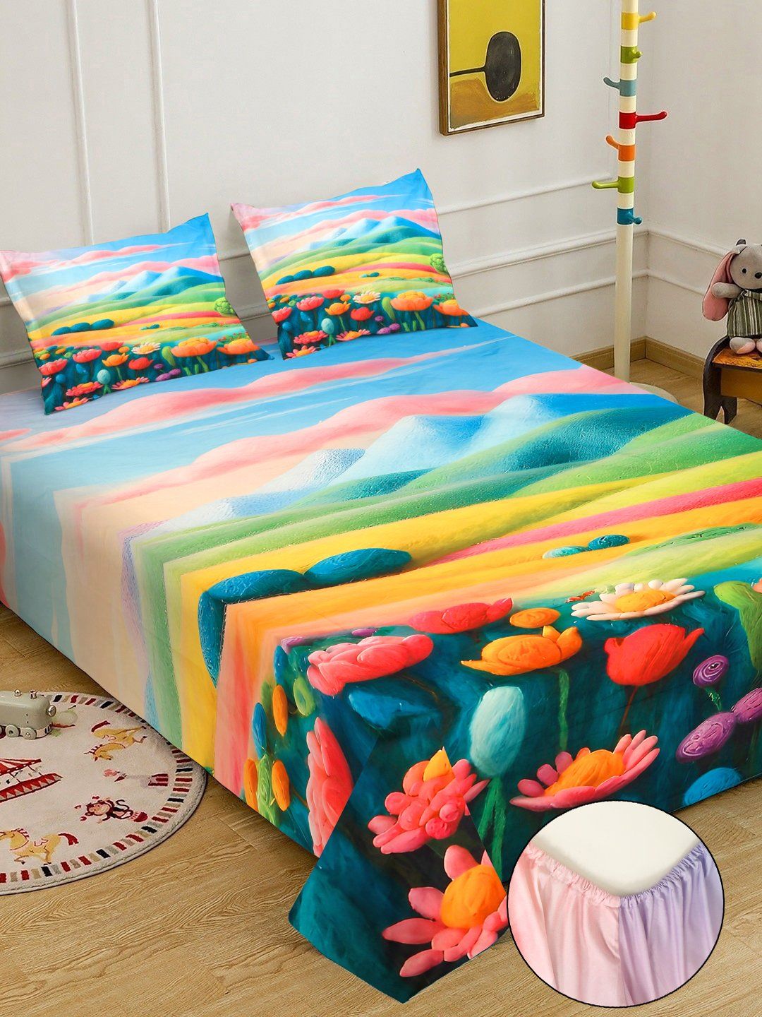 Watak Kartun Myntra Elegant Homes Biru & Merah Jambu 300 TC Cadar Katil King dengan 2 Sarung Bantal