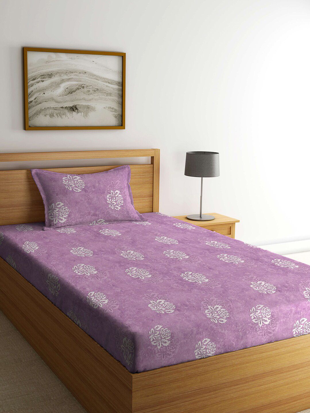 KLOTTHE Purple & White Floral-Printed 400TC Pure-Cotton Fitted Single Bedsheet Set
