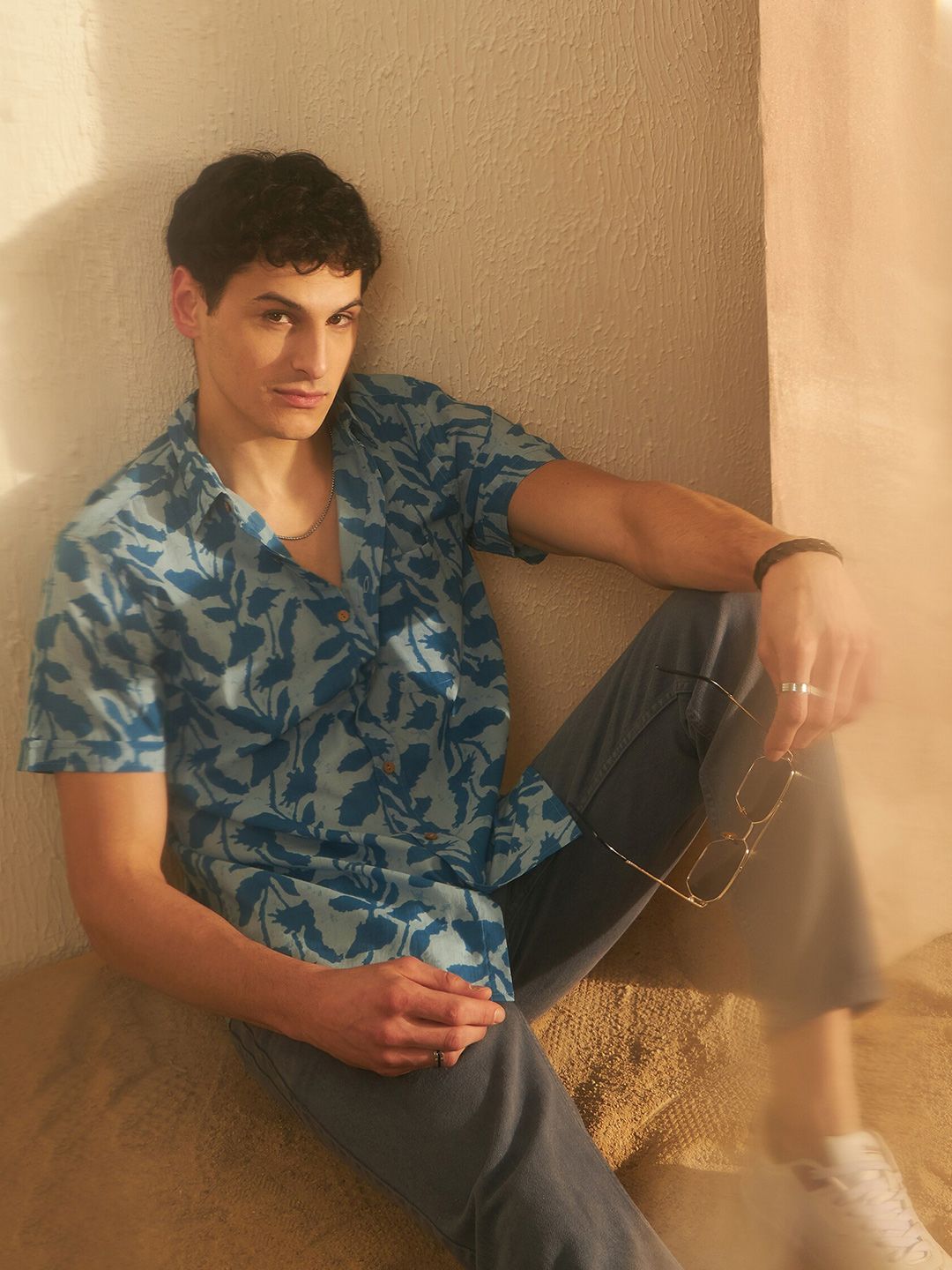 DENNISON Smart Printed Spread Collar Short Sleeves Cotton Lightweight Shirt
