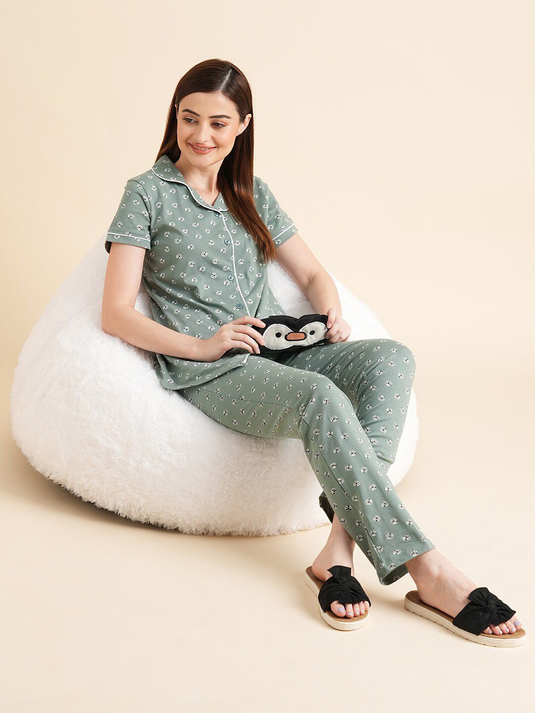 Sweet Dreams Green & White Conversational Printed Pure Cotton Night Suits