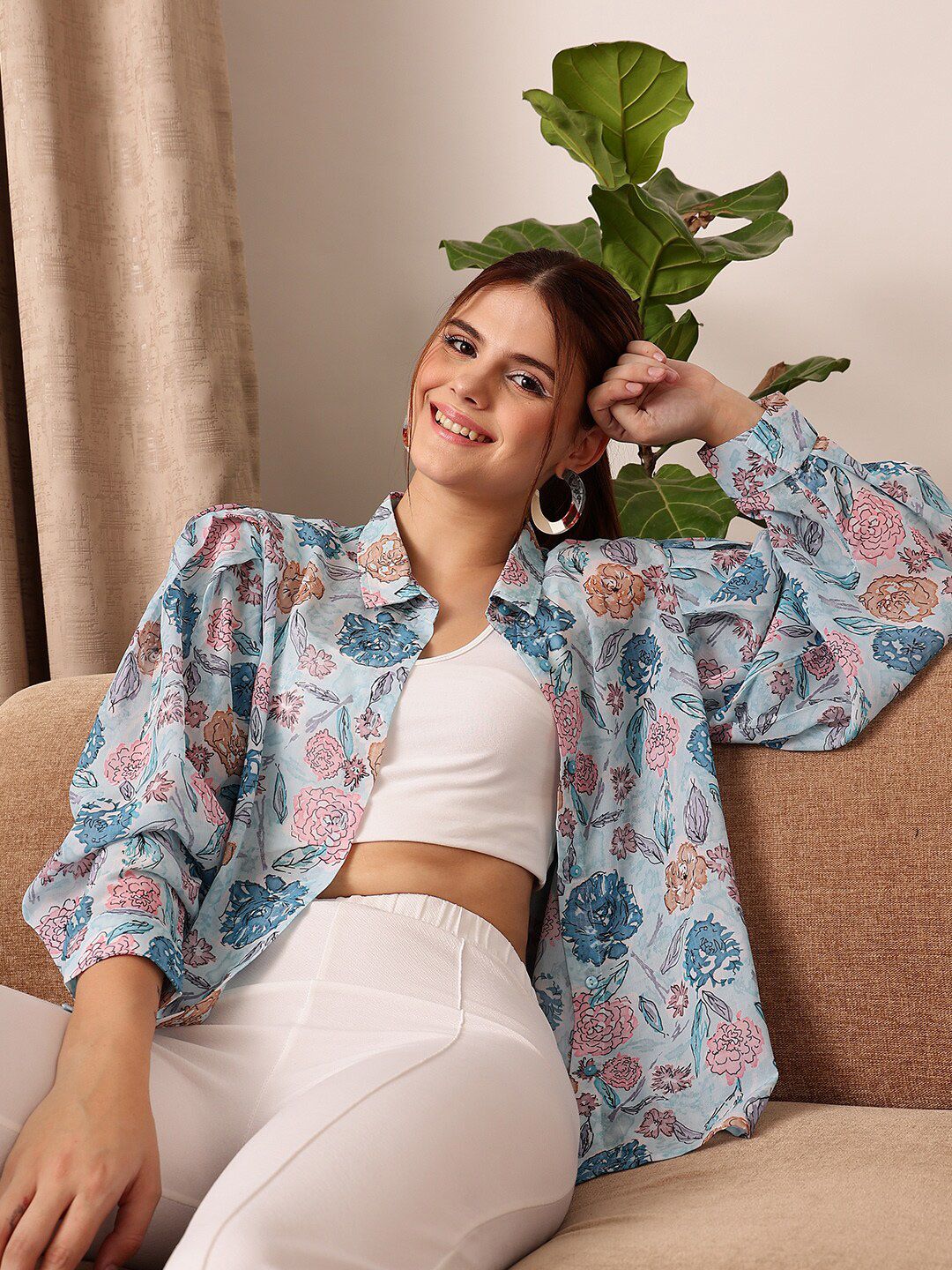 STREET 9 Blue Floral Printed Puff Sleeves Shirt Style Top