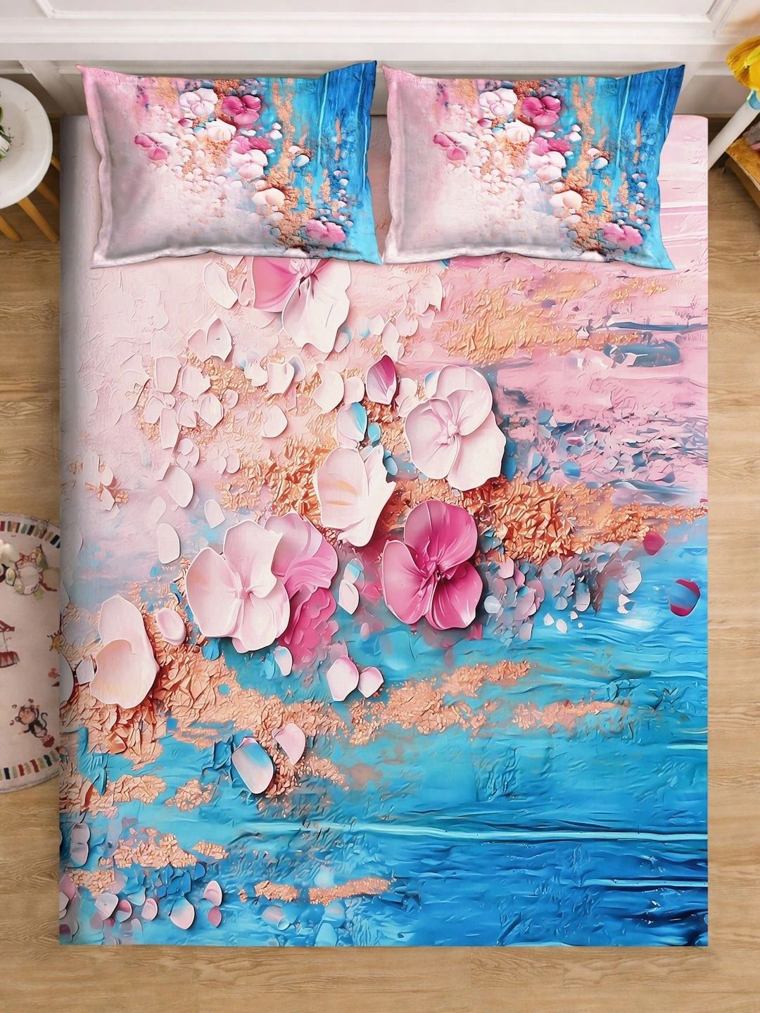 Moda Rapido X KLOTTHE Biru & Merah Jambu Bunga 400 TC Cadar King dengan 2 Sarung Bantal