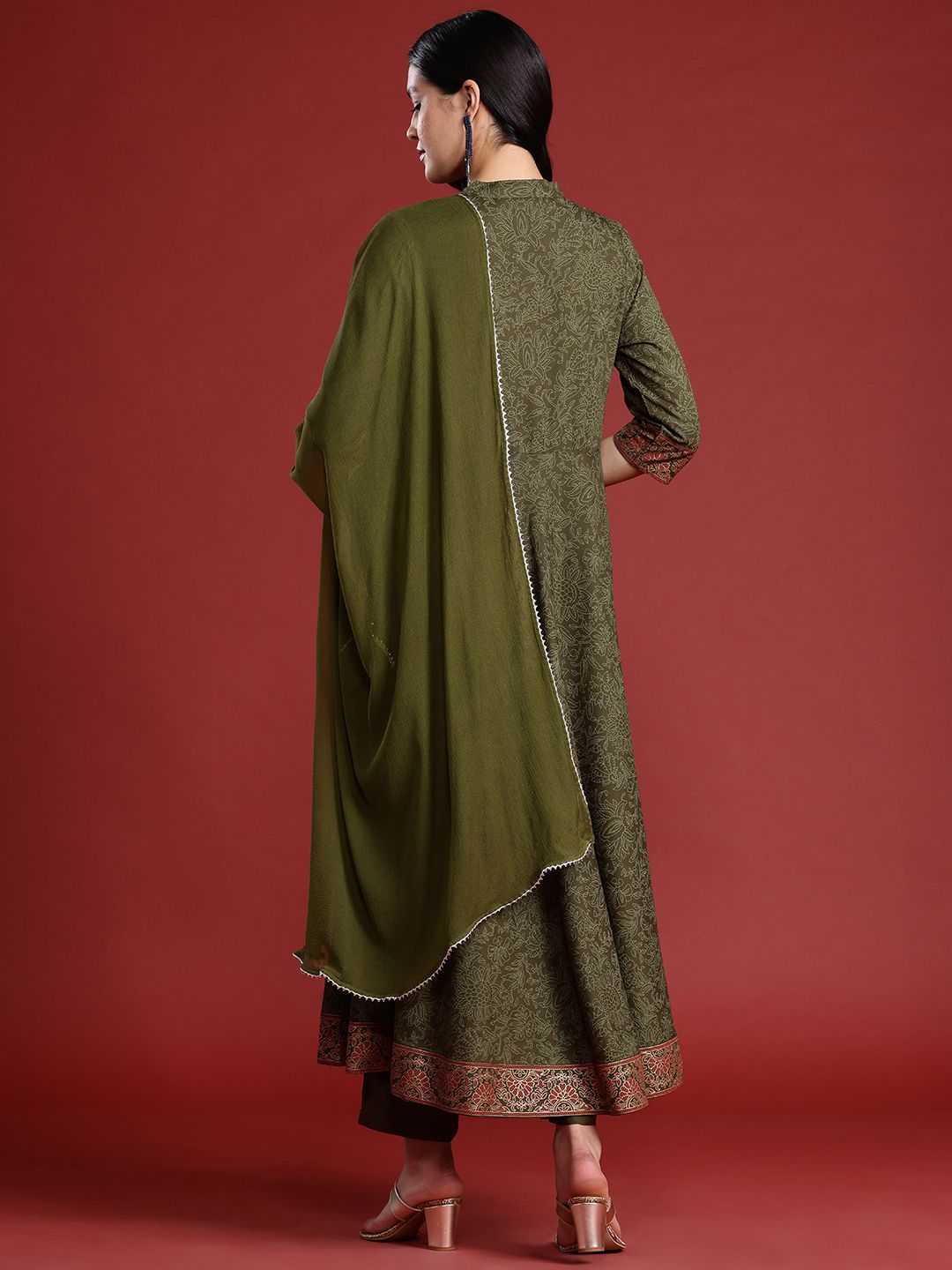 Anouk Floral Printed Button-Detail Anarkali Kurta with Trousers & Dupatta