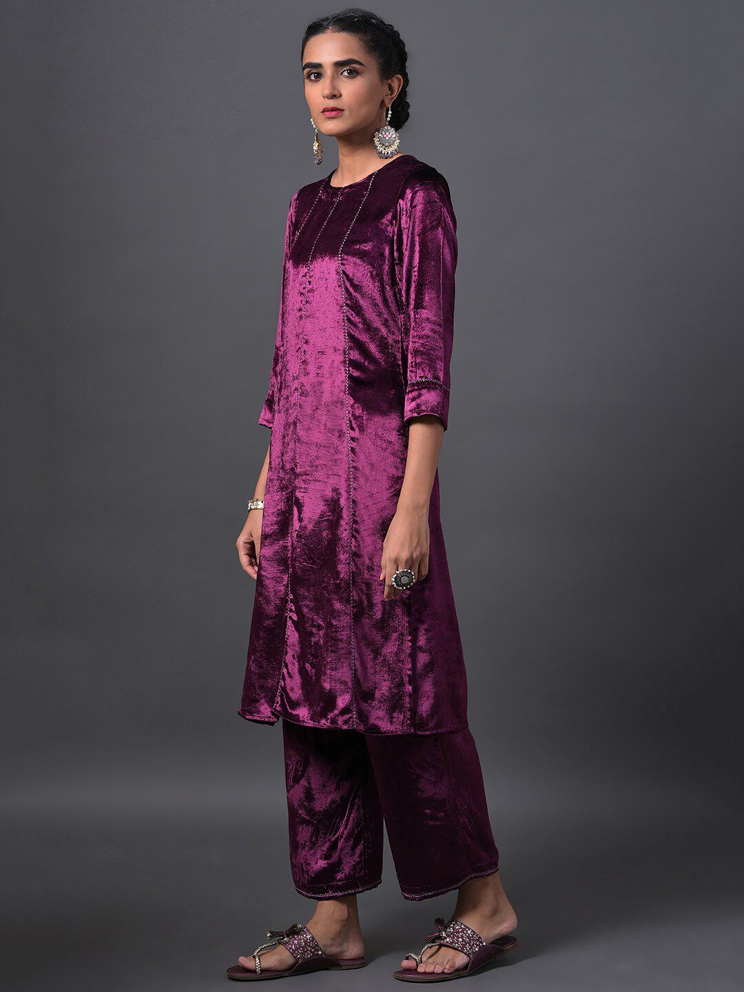W Women Embroidered Velvet Kurta with Palazzos