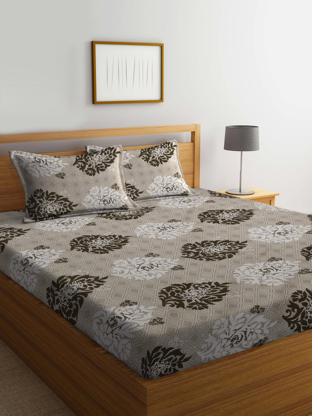 KLOTTHE Beige Ethnic Motifs Cotton 300 TC Fitted King Bedsheet with 2 Pillow Covers-98 x 88 inches