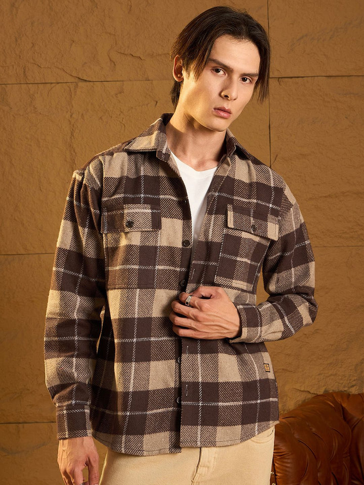 DENNISON Men Double Pocket Drop Shoulder Oversized Cotton Checked Shacket