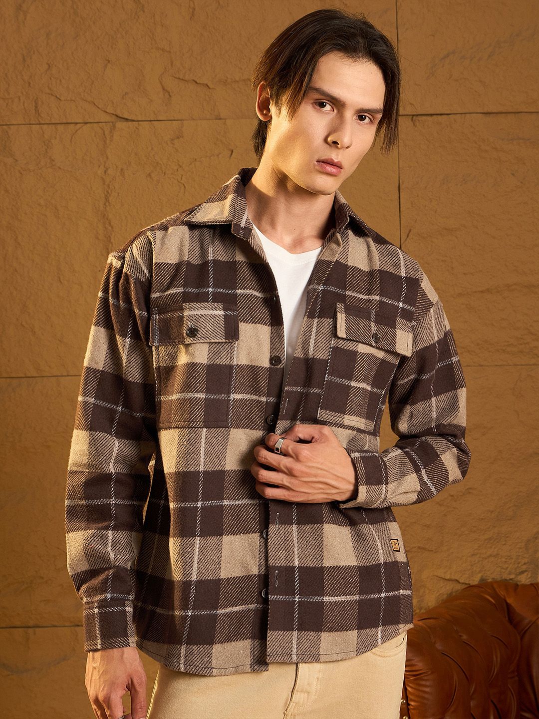 DENNISON Men Double Pocket Drop Shoulder Oversized Cotton Checked Shacket