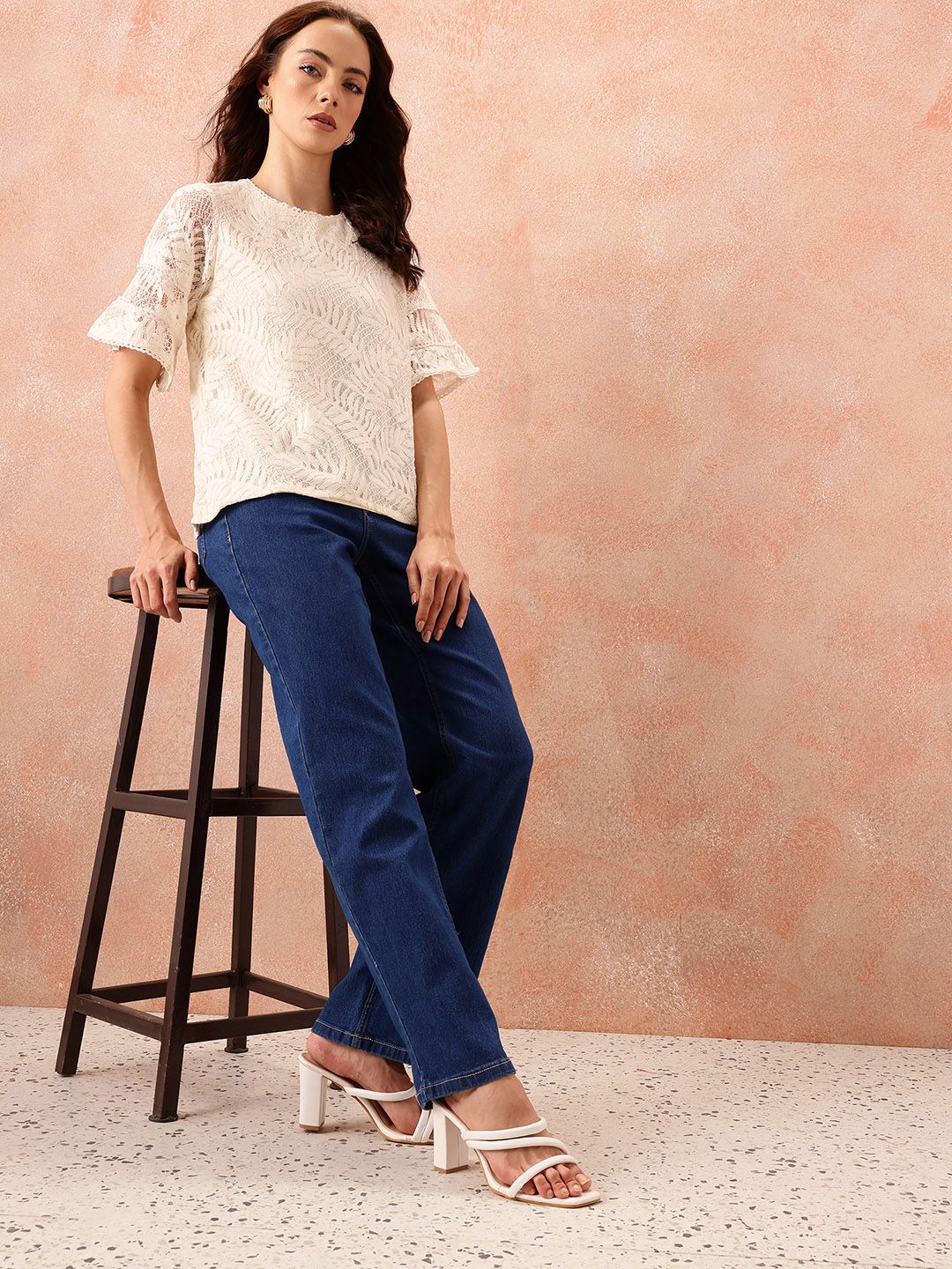 all about you Self Design Lace Up Bell Sleeve Top