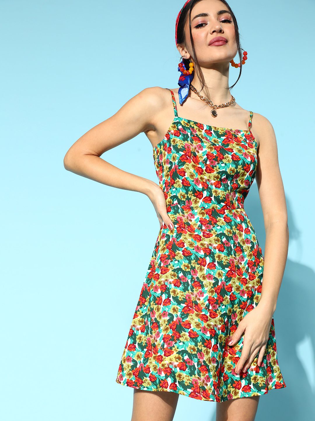 Berrylush Red & Green Floral Printed Crepe A-Line Dress