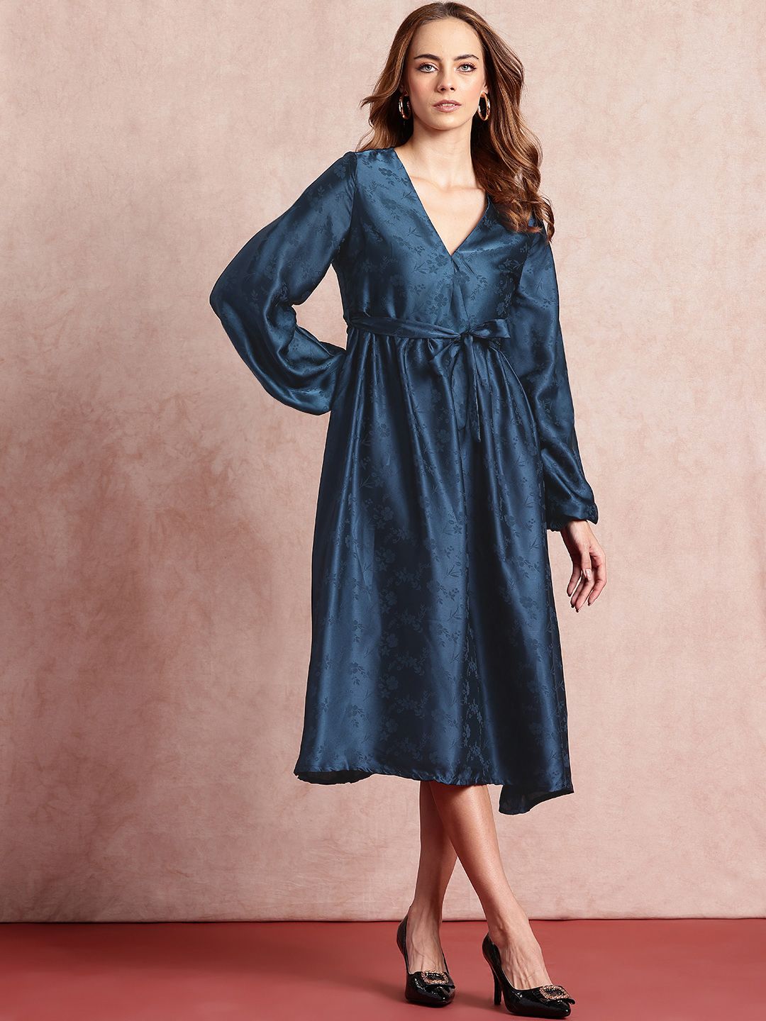 all about you Floral Puff Sleeve Satin A-Line Midi Dress