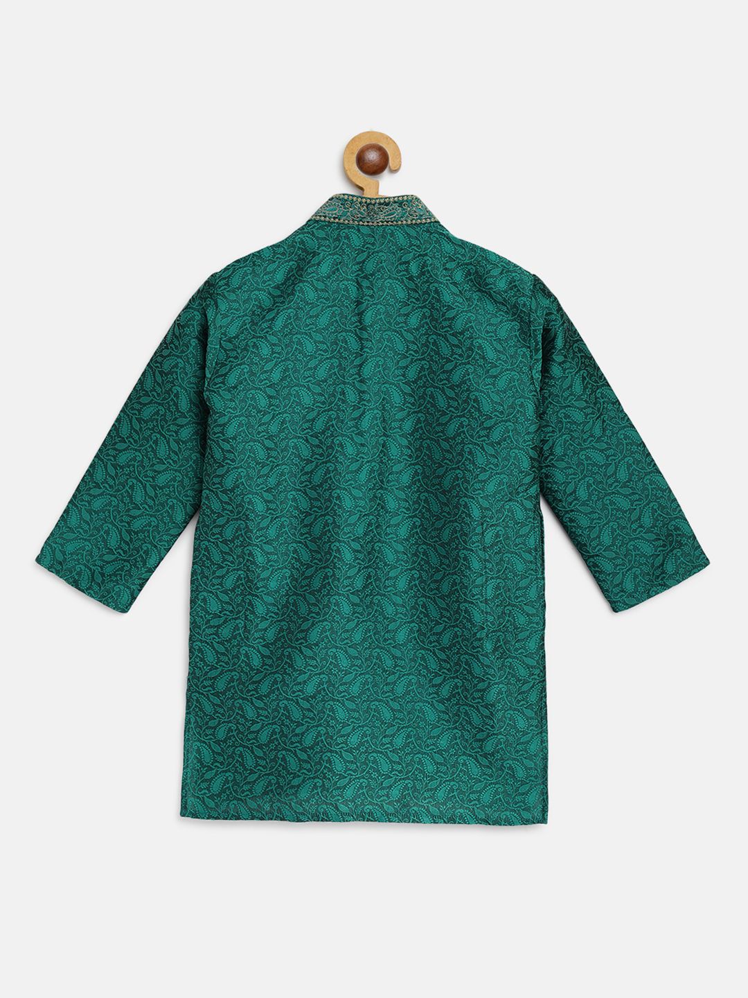 SOJANYA Boys Teal Green & Beige Woven Design Band Collar Thread Work Kurta