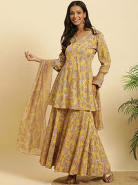 W Floral Printed V-Neck Panelled Gotta Patti A-Line Kurta With Sharara & Dupatta