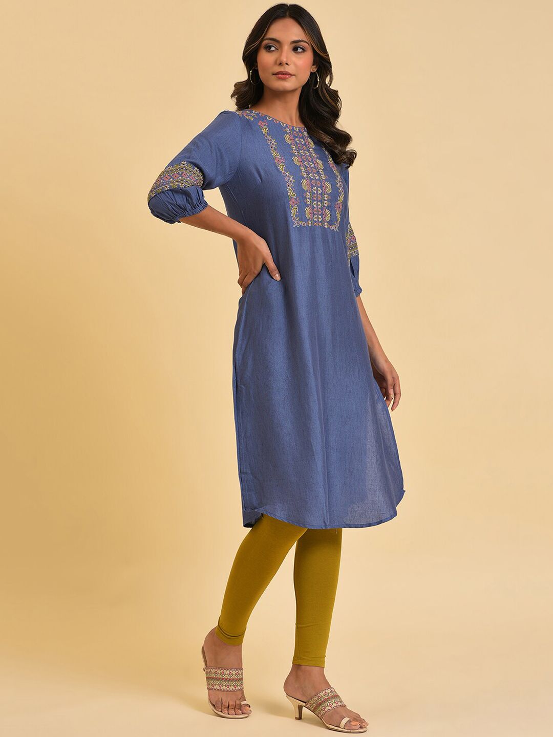 W Blue & Mustard Yellow Geometric Embroidered Kurta