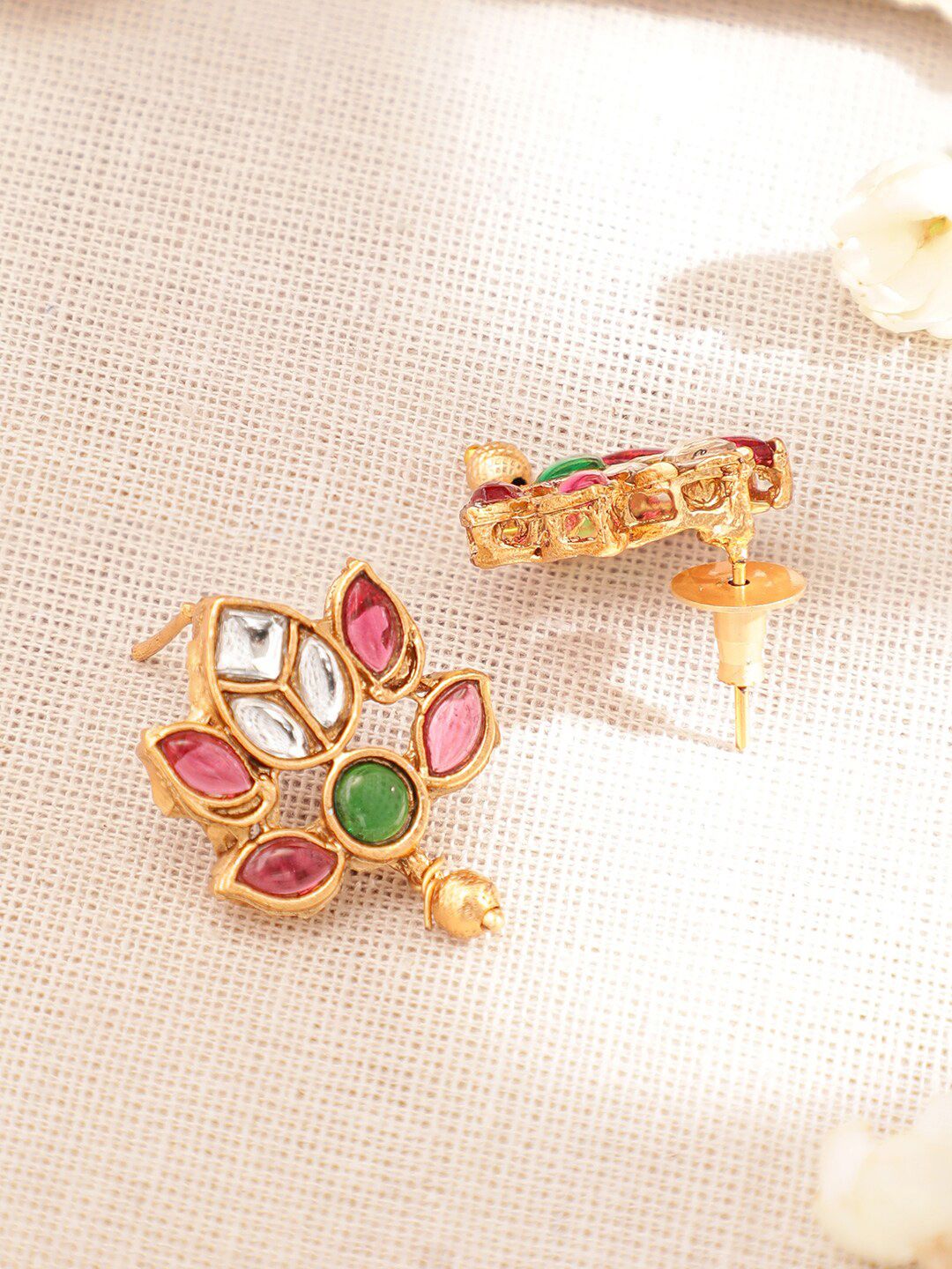 Rubans 22K Gold-Plated Ruby Pink & Emerald Stone Studded Handcrafted Necklace with Earring