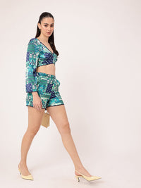 DressBerry Bohemian Bliss Printed Satin Finish Crop Top With Shorts